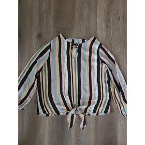 CURE Women's Multi Color Striped Top Blouse Sz XL 3/4 Sleeve Keyhole